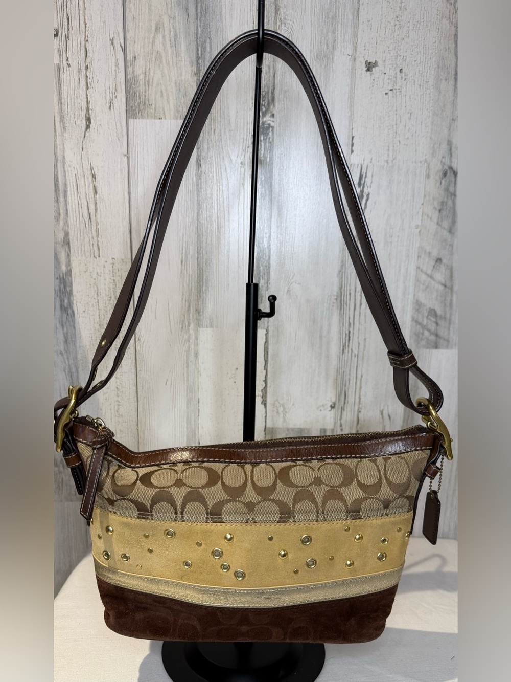 Coach East West Tri-Stiped Duffle Bag Convertible Straps Suede Jaquard & Leather